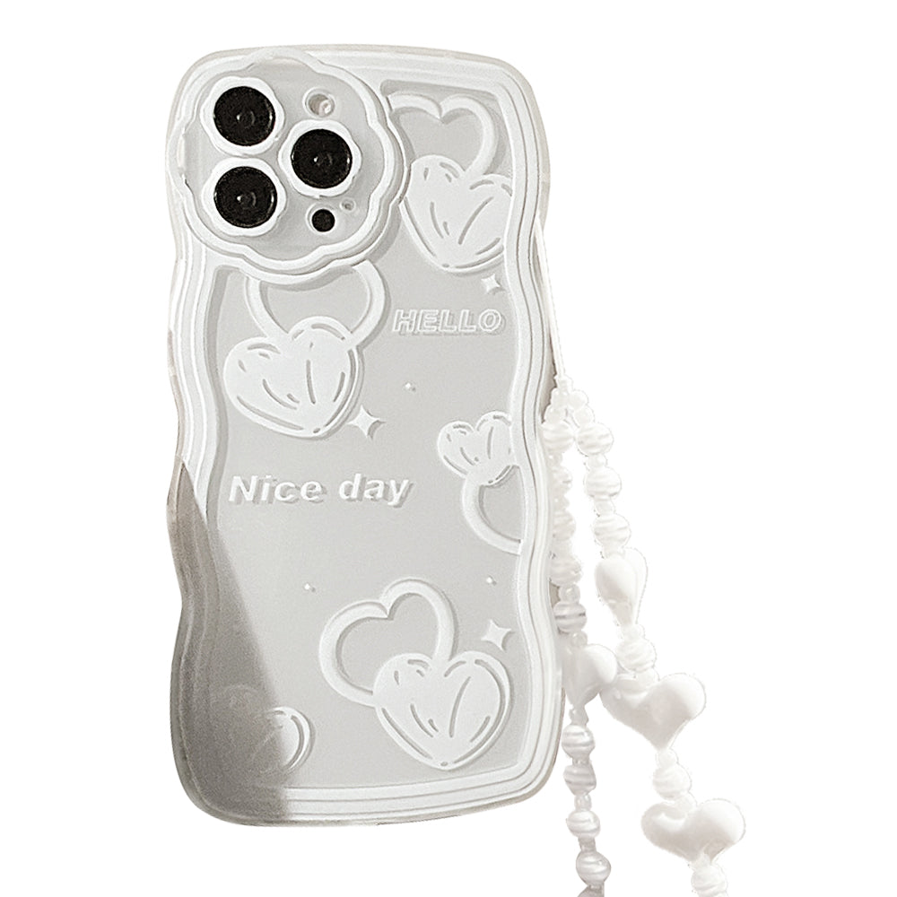 Clear Heart Pattern Cover for iPhone 13 Pro 6.1 inch TPU Shell Wavy Edge Cell Phone Case with Wrist Strap Clear Heart Pattern Cover for iPhone 13 Pro 6.1 inch TPU Shell Wavy Edge Cell Phone Case with Wrist Strap
